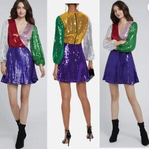 Alice + Olivia Long Sleeve V-Neck Blaze Colorblock Sequin Mini Dress. NWOT